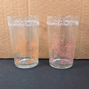 Vintage 1971 Flintstones Pebbles Birthday Party‎ Drinking Glasses Set of 2 Dino